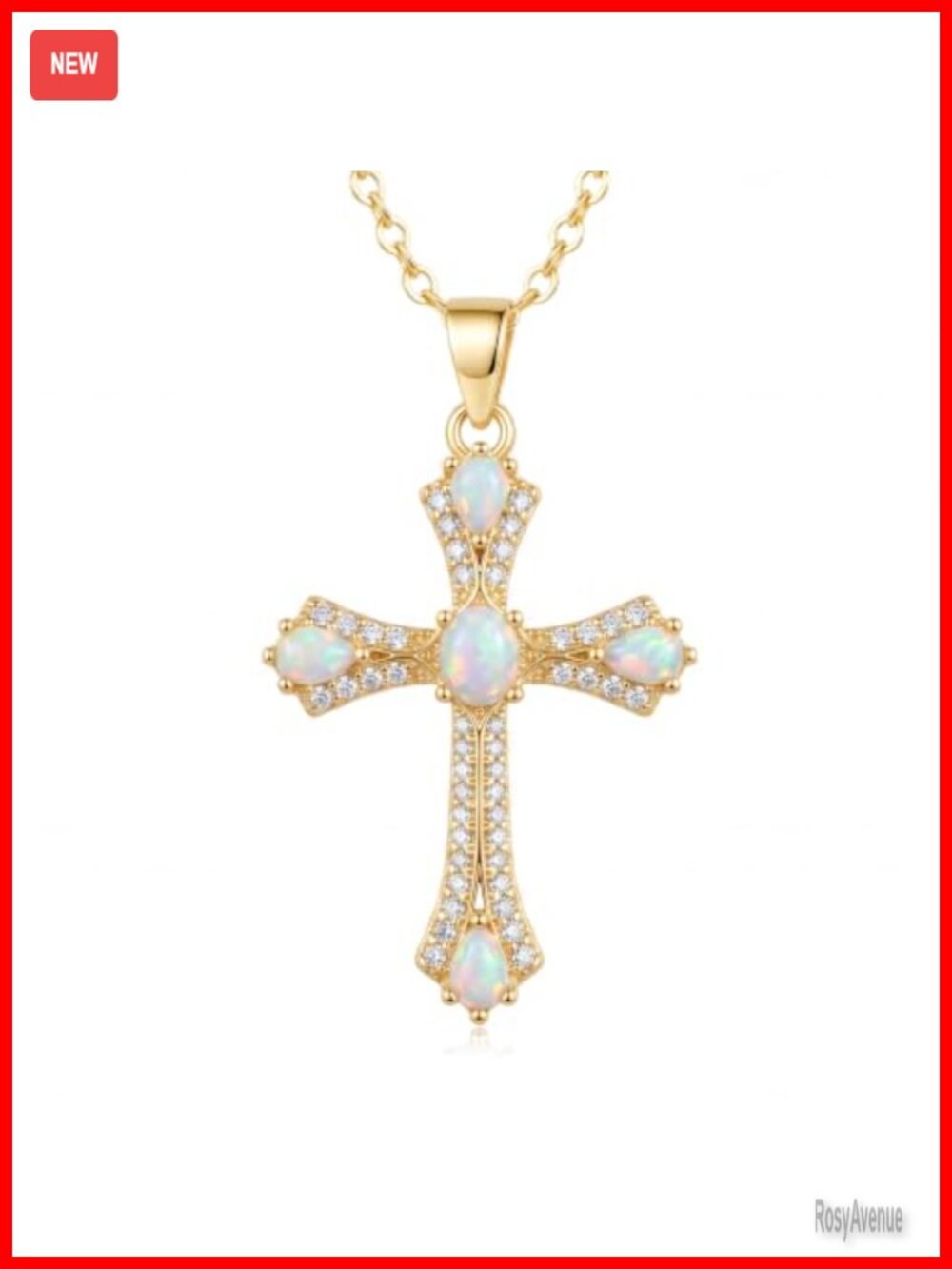 14K Gold Plated Opal CZ Cross Pendant Necklace Cable Chain Religious